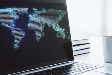 Fototapete - Abstract graphic world map on modern laptop screen, connection and communication concept. 3D Rendering