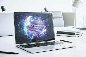 Poster - Abstract digital world map with connections on modern computer monitor, big data and blockchain concept. 3D Rendering