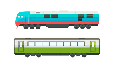 Wall Mural - Railway Passenger Suburban Vehicles Set, Side View of Railroad Transport Flat Vector Illustration