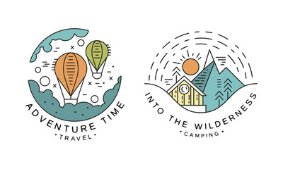 Sticker - Adventure Time Original Logo Design Set, Into the Wilderness Camping Badges or Labels Cartoon Vector Illustration