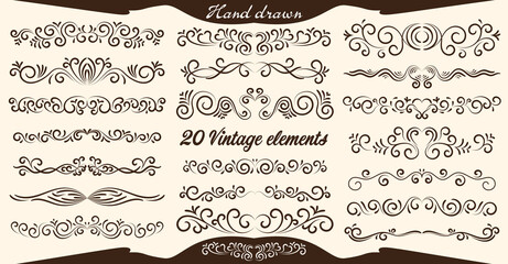 Wall Mural - Set of 20 hand drawn vintage decorations and border  vector design elements with heart and swirls for wedding cards, greetings, invitations and retro design projects.