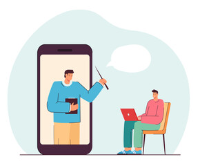 Wall Mural - young man studying online. flat vector illustration. tiny teacher in giant smartphone giving lesson 