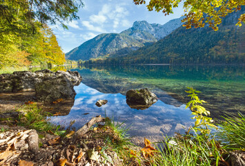 Wall Mural - Peaceful autumn Alps mountain lake with clear transparent water and reflections. Langbathseen lake, Upper Austria.