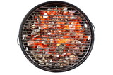 Fototapeta Młodzieżowe - Kettle Grill Pit With Flaming Charcoal. Top View Of BBQ Hot Kettle Grill With Stainless Steel Grid, Isolated Background, Overhead View. Barbecue Kettle Grill On Backyard Ready Grilling Cookout Food.