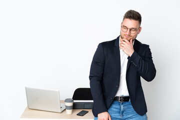 Sticker - Russian man in a office isolated on white background looking to the side