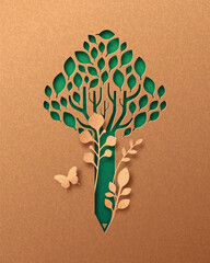 Green pencil tree paper cut education concept