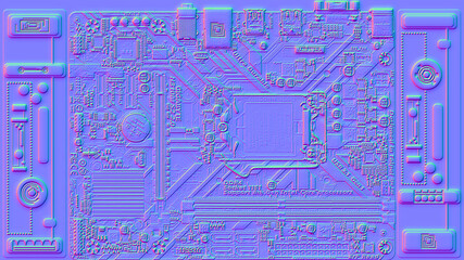 Motherboard microchip normal map illustration. New Best 3d style texture cyber engineering project background design.