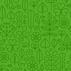 Wall Mural - Green flat line plant leaf icon seamless pattern