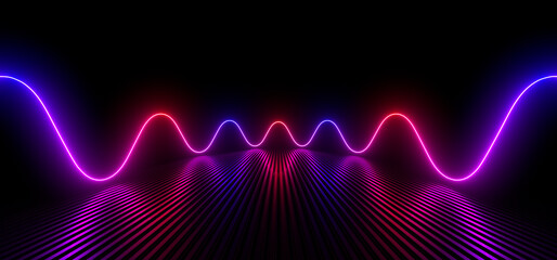 Fototapete - Sci Fy neon lamps in a dark hall. Reflections on the floor and walls. 3d rendering image.