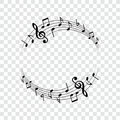 Music notes background, round musical frame, vector illustration.