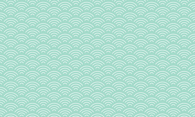 Wall Mural - Japanese Wave Pattern On Mint Green Background. Traditional Seigaiha Seamless Pattern Repeat For Fabric, textiles, Home Décor, Scrapbooking, Wallpaper.