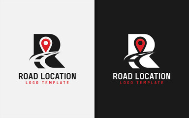 Poster - Abstract Initial Letter R Combined with Asphalt Road Silhouette and Pin Location Symbol Logo Design.