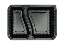 Top view takeaway plastic food box with two panels, isolated high quality microwaveable empty food box on white background. Black color food container.