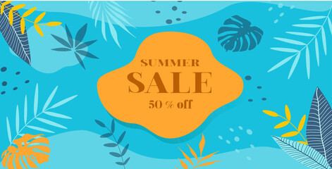 Wall Mural - vector hand drawn illustration - a discount banner for sites and applications . summer sale. palm leaves, tropical background in flat style