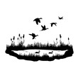 Silhouettes of water plants, ducks and reeds. Vector black illustration of the pond with flying and floating birds.