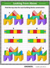 educational math puzzle: find the top view for each building blocks construction. answer included.