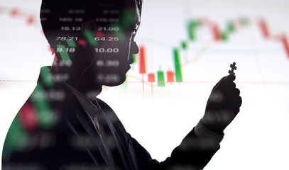 Poster - Double Exposure Silhouette of businessman  hold jigsaw with stock market pricelist graph. Concept for business and financial economy.
