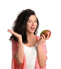 Beautiful woman with fresh mango on white background