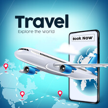 Travel World Vector Banner Design. Travel And Book Now Text In Mobile App With Airplane Transportation Element For Flight Online Booking Background. Vector Illustration
