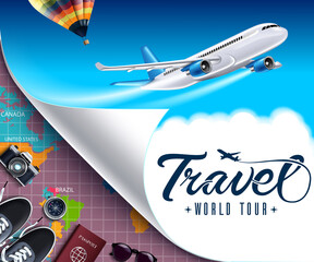 travel world tour vector banner design. travel world tour text with travelling and adventure element