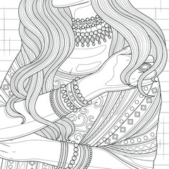 Indian girl in sari with jewelry.Coloring book antistress for children and adults. Illustration isolated on white background.Zen-tangle style. Hand draw