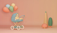 Stroller And Floating Balloons Surrounded And Toys On A Pastel Pink Background. Trendy 3d Render For Social Media Banners, Promotion, Product Show, Studio. Children And Baby Concept.
