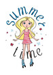 © L-TOP - Cute Blonde girl is rollerblading. Summer time. Clip Art. Cartoon design for printing t-shirts, badges, logos, labels or stickers. Vector illustration.