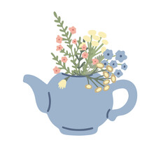 Beautiful Blue Teapot Decorated With Meadow Flowers. Vector Hand Drawn Illustration Isolated On White. Herbal Tea. Great For Posters, Packages, Kitchen And T-shirt Decorating.