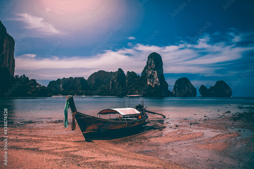 Traditional longtail boat on Tonsai beach, Thailand. - obrazy, fototapety, plakaty 