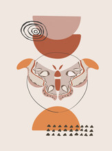 Vector Illustration In Bohemian Style With Atlas Moth Butterfly, Abstract Shapes And Hand Drawn Ethnic Ornaments. Perfect As Interior Poster And Textile Print.