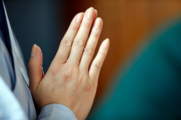 Canvas Print - Tu An pagoda. Asian woman praying at Buddhist ceremony.  Saint Pierre en Faucigny. France.