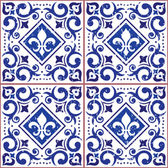 Wall Mural - Azulejo tiles seamless vector pattern - Lisbon decorative style, old scratched ornamental design inspired by art from Portugal with fluer de lis and swirls