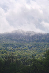 clouds over the mountains and forest in summer