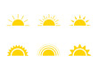 Yellow sun icon, sunshine and sunrise or sunset. Decorative sun and sunlight. Hot solar energy for tan. Vector sign