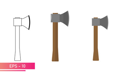 Wall Mural - A set of axes with a wooden handle. Realistic and linear design. On a white background. Tools for the forester and woodcutter. Flat vector illustration.