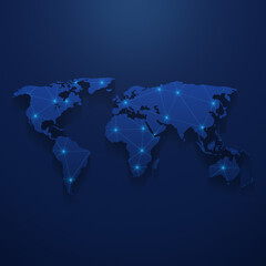 Poster - Modern blue world with a mesh of thin bright blue lines and glowing dots on a dark blue background. Conceptual illustration of networks (communication, social, internet, travel).