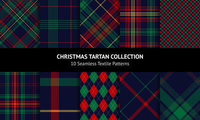 Wall Mural - Check plaid pattern set for Christmas in red, green, yellow, navy blue. Seamless dark multicolored tartan vector plaids for flannel shirt, blanket, other modern winter holiday fashion fabric design.