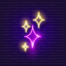 Yellow Stars Neon Sign. Glitter Symbol Glowing Icon. Cleaning Concept. Vector Illustration For Design.