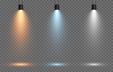 Vector Set Of Light. Light Source, Studio Lighting, Walls, Png. Yellow, Golden, Blue, White Light. Spot Lighting, Spotlight PNG. Rays, Light Effect.