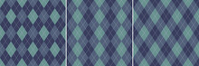 Argyle Pattern In Blue And Green. Seamless Vector Geometric Stitched Argyll Dark Background Graphic Set For Spring Gift Paper, Socks, Sweater, Jumper, Other Fashion Everyday Textile Or Paper Print.