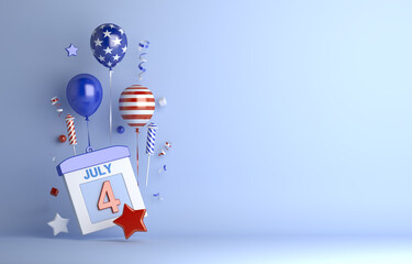 Fourth of July independence day USA with balloon firework confetti ribbon copy space text, 3D rendering illustration