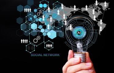 Poster - Hand holding futuristic light bulb big data and digital transformation technology strategy, digitalization of business processes and data, High Technologies in the future