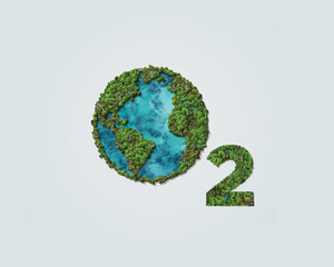 Wall Mural - O2 - oxygen symbol. Nature concept design with green 3d leaves and trees. Earth need oxygen. World environment day and earth day concept.