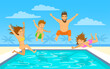 Family on vacation vector illustration. Man, woman, their children, boy and girl, jumping diving into swimming pool