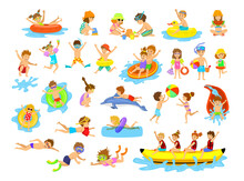 Children Summer Holidays Fun Activities At Beach On Water. Boys Girls Swim, Dive, Jump, Slid In Aquapark, Float On Inflatable Mattress, Eat Ice Cream Watermelon, Build  Sand Castle, Play Ball, Snorkel