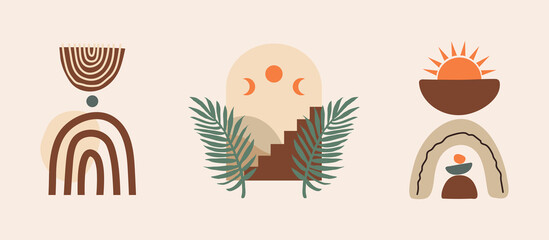 Aufkleber - Modern abstract aesthetic set of geometric balance shapes, stairs and plants. Wall decor in boho style. Mid century vector print for cover, wallpaper, card, social media, interior decor	