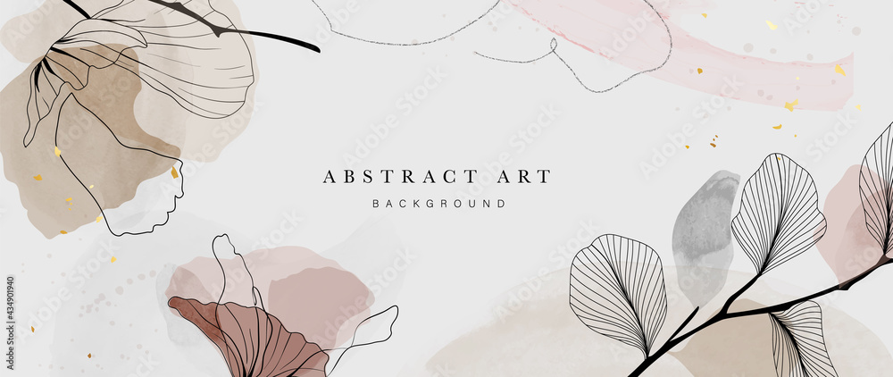 Abstract watercolor art background vector. Gingko and botanical line art wallpaper. Luxury cover design with text, golden texture and brush style. floral art for wall decoration and prints.  - obrazy, fototapety, plakaty 
