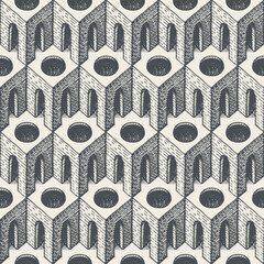 Poster - Seamless pattern with hand-drawn architectural elements. Repeating vector texture with 3D cubic elements, arches, and round holes. Monochrome geometric background, wallpaper, wrapping paper, fabric