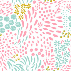 Poster - Vector organic seamless abstract background, botanical motif, freehand doodles pattern with stylized flowers, leaves, berries and simple shapes.