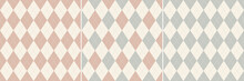 Argyle Pattern Set In Soft Grey, Pink, Beige. Seamless Geometric Stitched Vector Backgrounds For Wallpaper, Socks, Sweater, Gift Paper, Other Modern Spring Autumn Fashion Fabric Design.